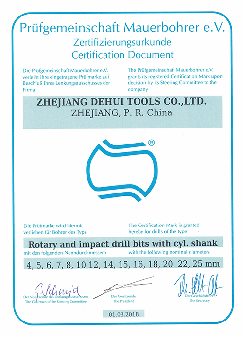 PGM — Rotary & Impact Drill Bits certificate — Zhejiang Dehui Tools Co., Ltd.
